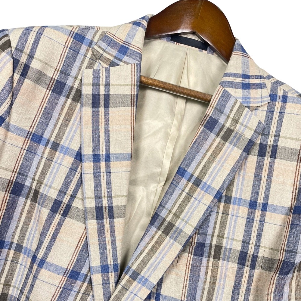 Lauren Ralph Lauren Blazer Mens 42R Blue Tan Plaid Linen Blend Sport Coat Jacket